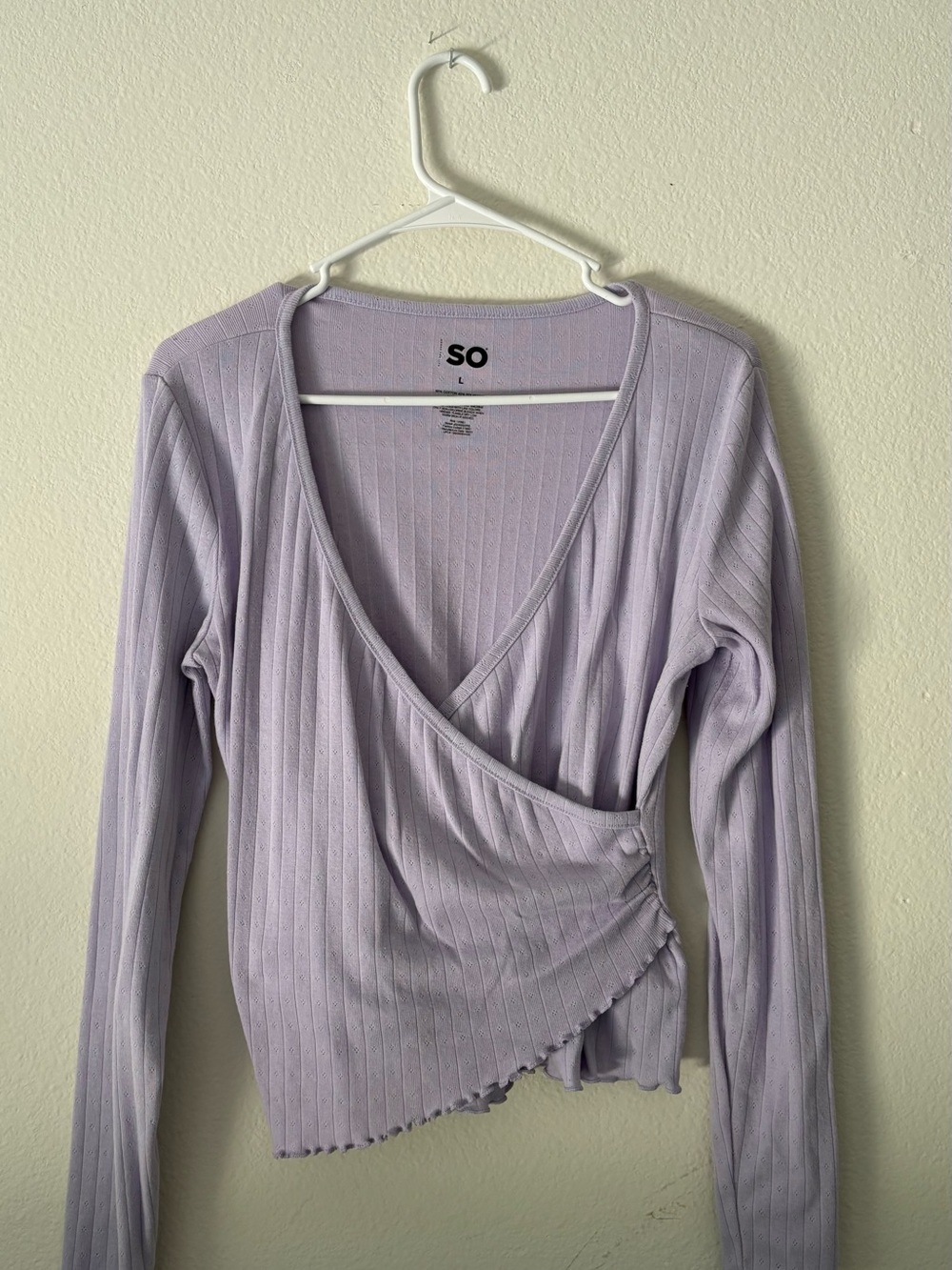 SO Lavender Ribbed Wrap-Front Long Sleeve Top